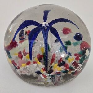Vintage Art Glass Paperweight – Cobalt Blue Flower & Confetti – 3” Dome